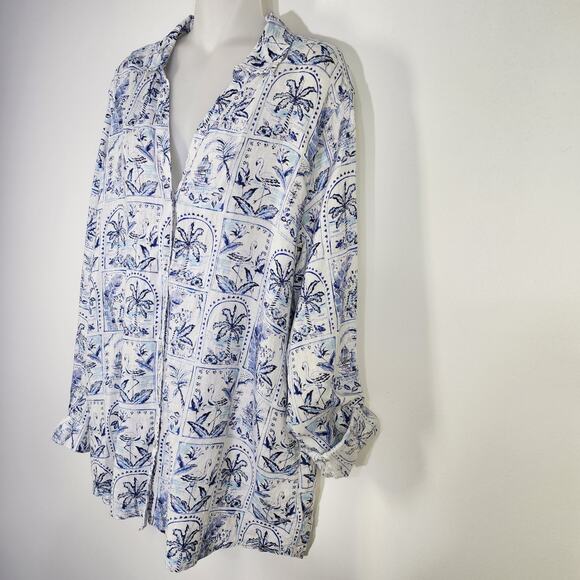 C & C California Linen Shirt Palm Trees Flamingo XL Blue White Coastal Resort - Picture 5 of 11